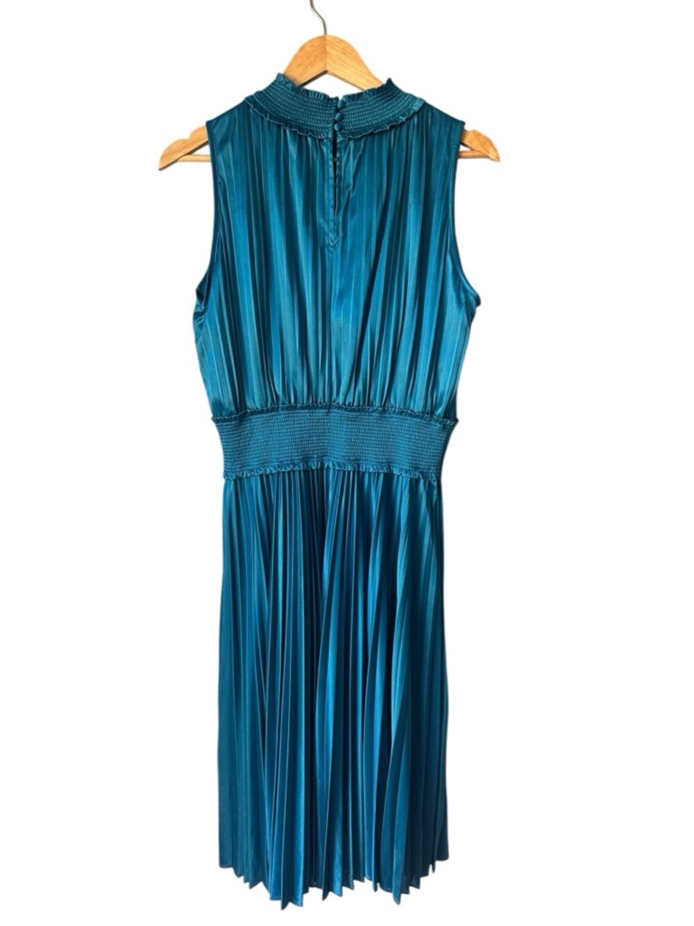 Nanette Lepore Teal Pleated Midi Dress with Smocked Waist, Size 10 - Picture 3 of 10